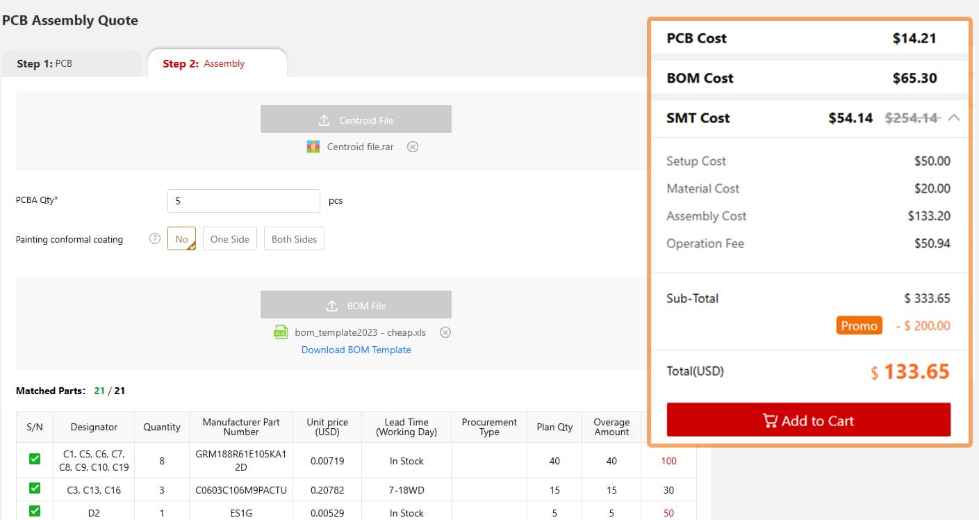PCB Assembly Quote Online, $200 off