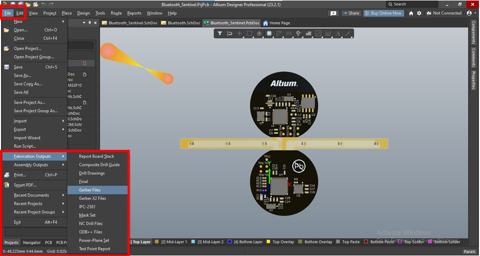 Step 2 - Click File at the top left corner and select Fabrication Outputs