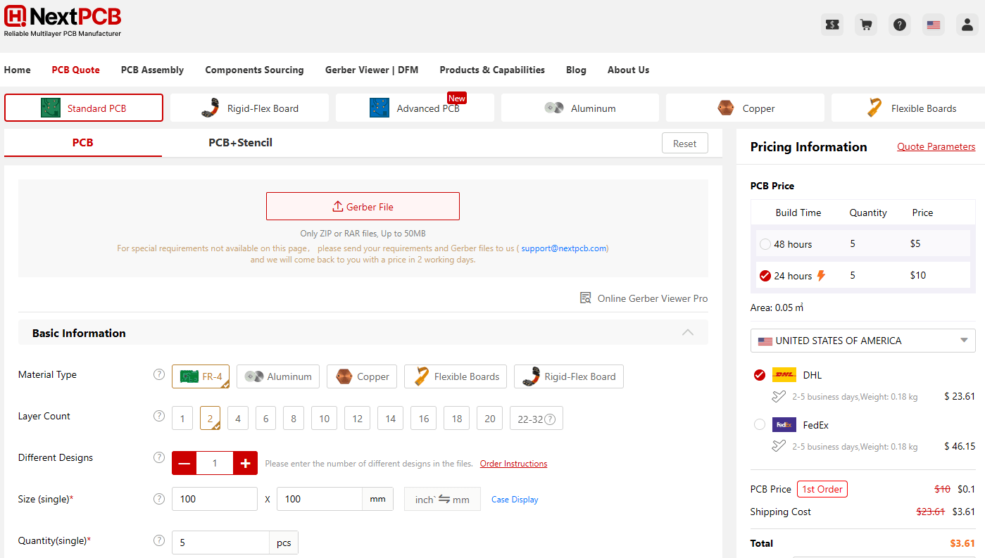 NextPCB Online Quote Calculator